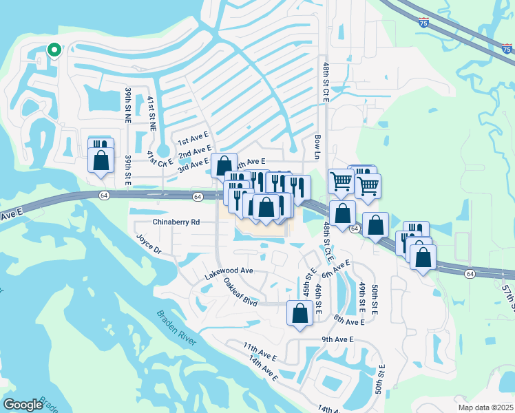 map of restaurants, bars, coffee shops, grocery stores, and more near 4510 Florida 64 in Bradenton