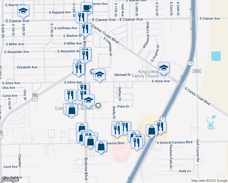 map of restaurants, bars, coffee shops, grocery stores, and more near 1925-1999 Shelly Boulevard in Kingsville