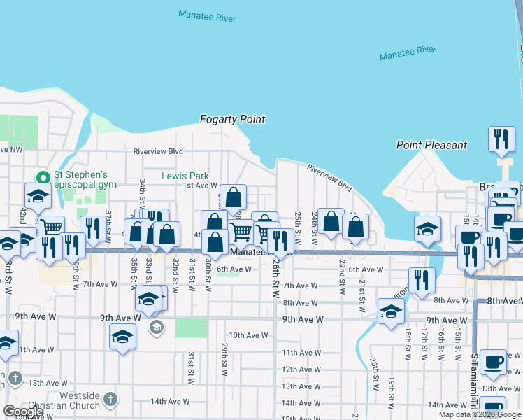 map of restaurants, bars, coffee shops, grocery stores, and more near 205 27th Street West in Bradenton