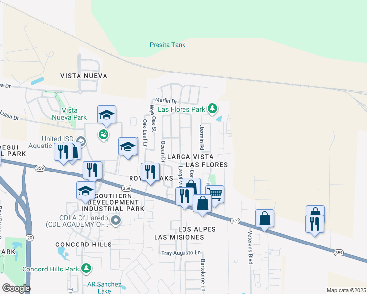 map of restaurants, bars, coffee shops, grocery stores, and more near 224 Larga Vista Drive in Laredo