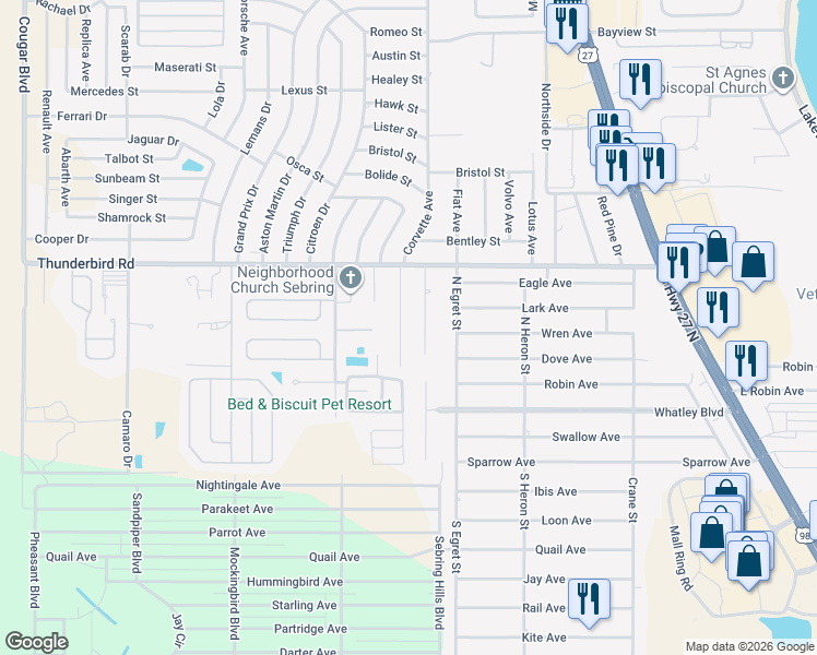map of restaurants, bars, coffee shops, grocery stores, and more near 310 S Corvette Ave in Sebring
