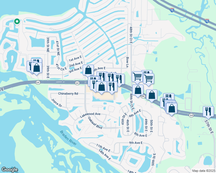 map of restaurants, bars, coffee shops, grocery stores, and more near 4510 Florida 64 in Bradenton