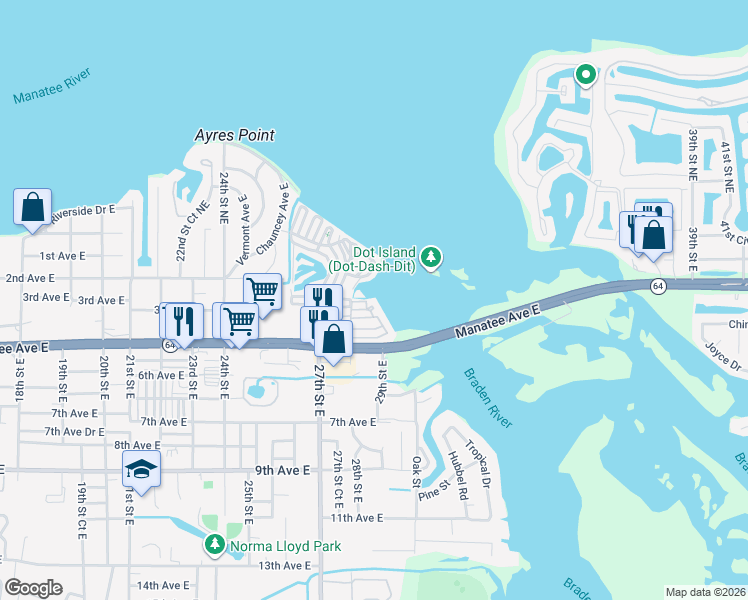 map of restaurants, bars, coffee shops, grocery stores, and more near 20 Dunwurken Lane in Bradenton