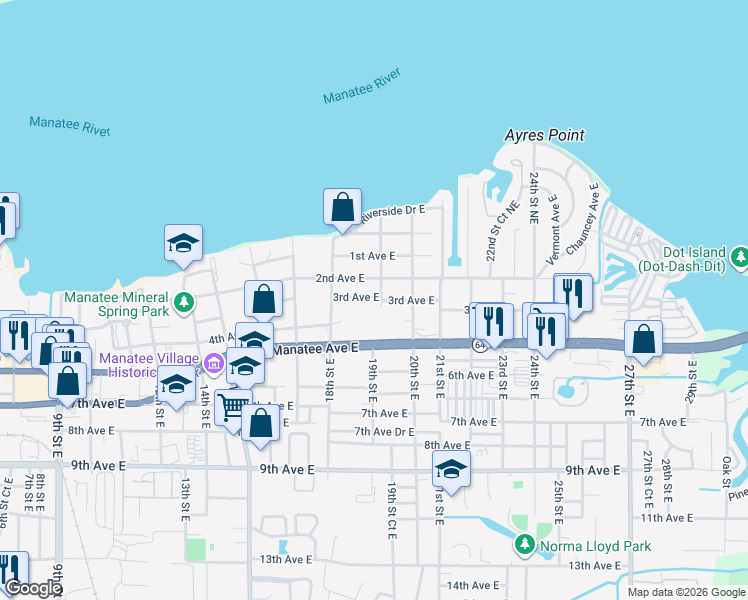 map of restaurants, bars, coffee shops, grocery stores, and more near 1820 3rd Avenue East in Bradenton