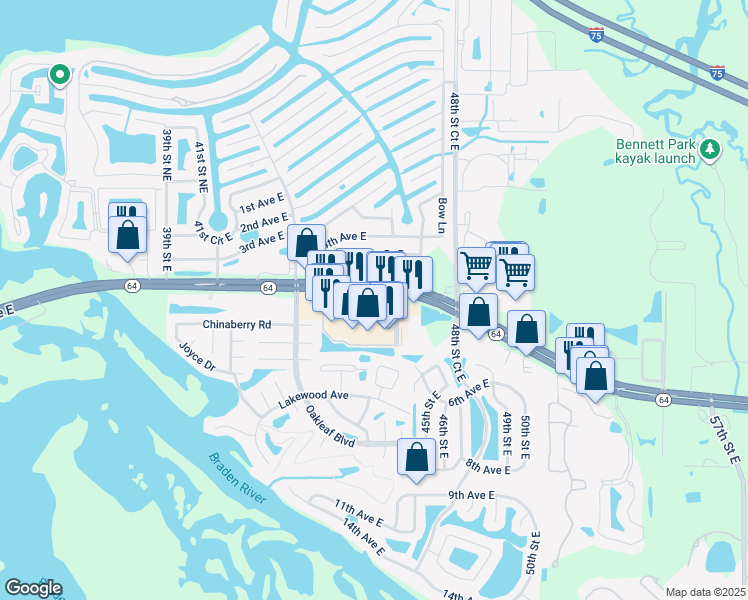 map of restaurants, bars, coffee shops, grocery stores, and more near 4630 Florida 64 in Bradenton