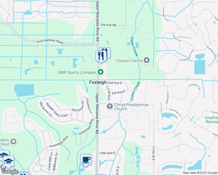 map of restaurants, bars, coffee shops, grocery stores, and more near 213 111th Street East in Bradenton