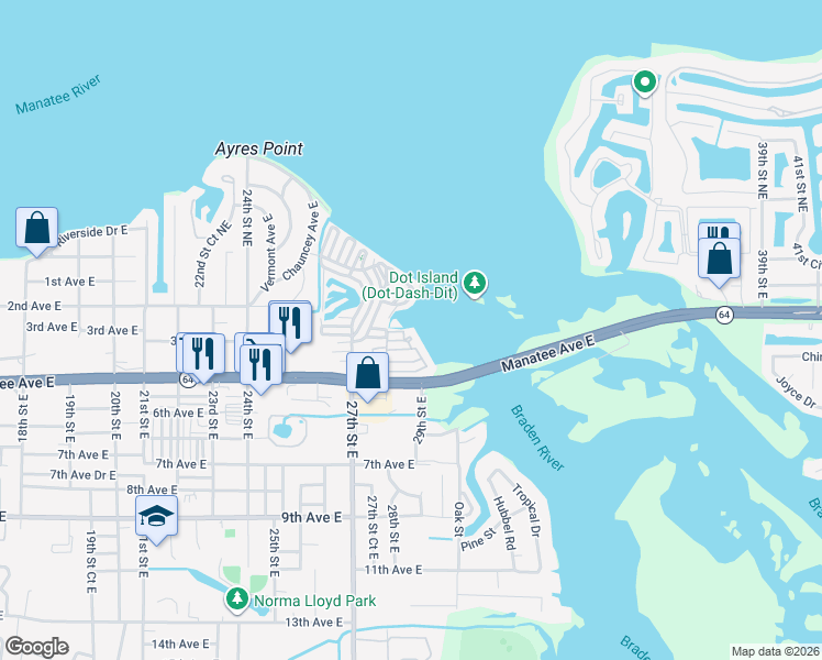 map of restaurants, bars, coffee shops, grocery stores, and more near 20 Dunwurken Lane in Bradenton