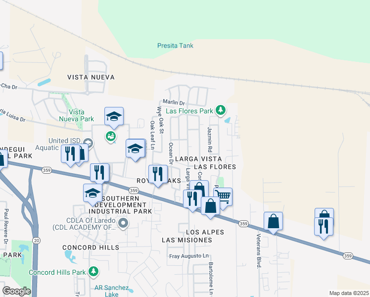 map of restaurants, bars, coffee shops, grocery stores, and more near 224 Larga Vista Drive in Laredo