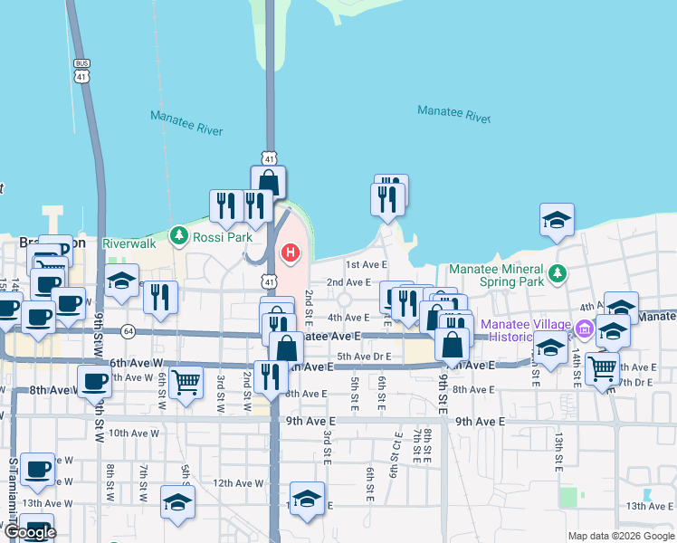 map of restaurants, bars, coffee shops, grocery stores, and more near 102 4th Street Northeast in Bradenton