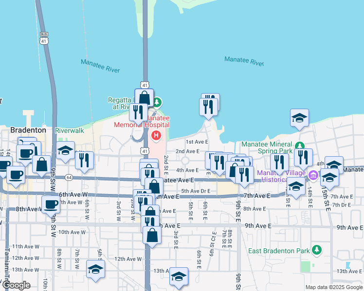 map of restaurants, bars, coffee shops, grocery stores, and more near 102 4th Street Northeast in Bradenton