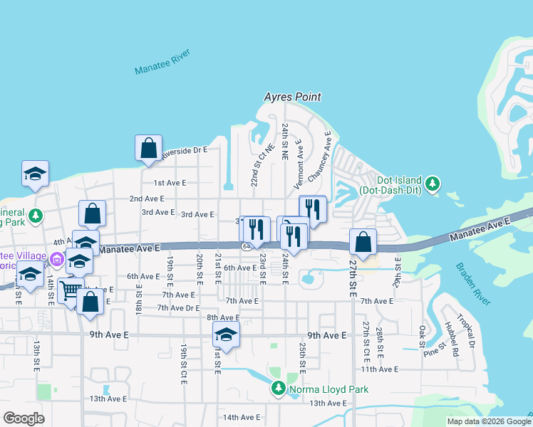 map of restaurants, bars, coffee shops, grocery stores, and more near 216 23rd Street East in Bradenton
