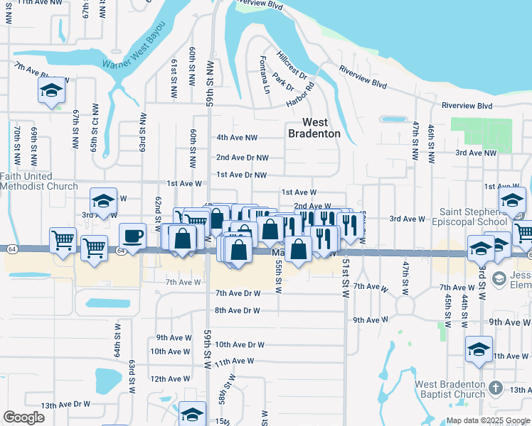 map of restaurants, bars, coffee shops, grocery stores, and more near 5515 2nd Avenue Drive West in Bradenton