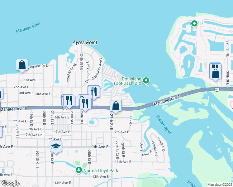 map of restaurants, bars, coffee shops, grocery stores, and more near Poinciana Circle in Bradenton