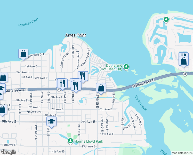map of restaurants, bars, coffee shops, grocery stores, and more near 5 Braden Castle Drive in Bradenton