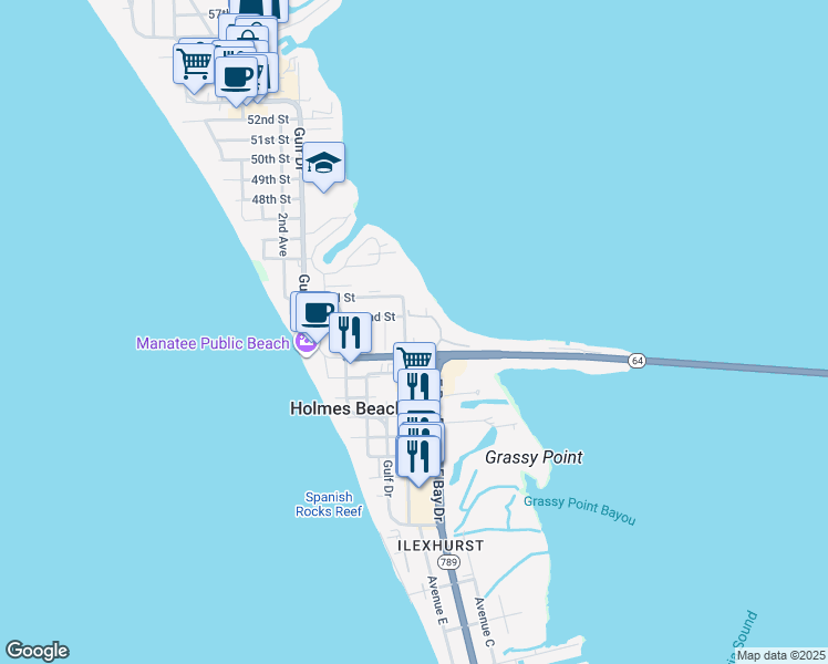 map of restaurants, bars, coffee shops, grocery stores, and more near 4109 6th Avenue in Bradenton Beach