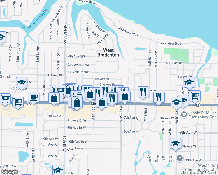 map of restaurants, bars, coffee shops, grocery stores, and more near 207 53rd Street Northwest in Bradenton