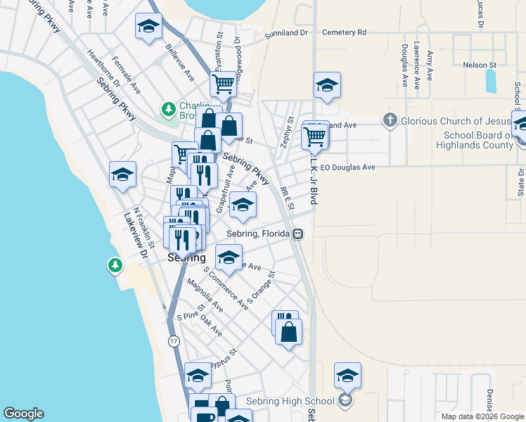 map of restaurants, bars, coffee shops, grocery stores, and more near 500 East Center Avenue in Sebring