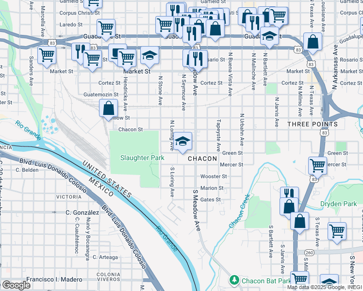 map of restaurants, bars, coffee shops, grocery stores, and more near 208 North Seymour Avenue in Laredo