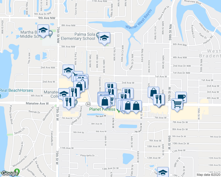 map of restaurants, bars, coffee shops, grocery stores, and more near 6745 2nd Avenue Circle West in Bradenton