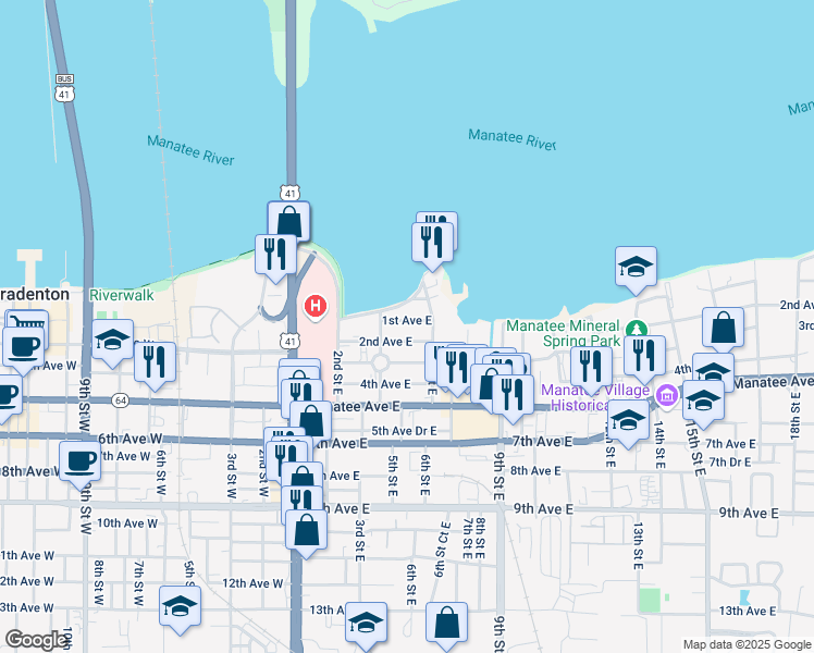 map of restaurants, bars, coffee shops, grocery stores, and more near 504 1st Avenue East in Bradenton