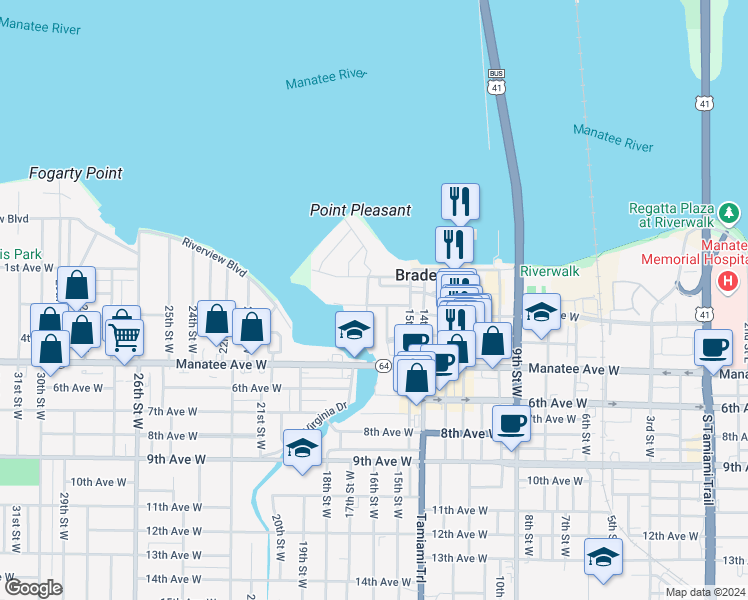 map of restaurants, bars, coffee shops, grocery stores, and more near 1700 3rd Avenue West in Bradenton