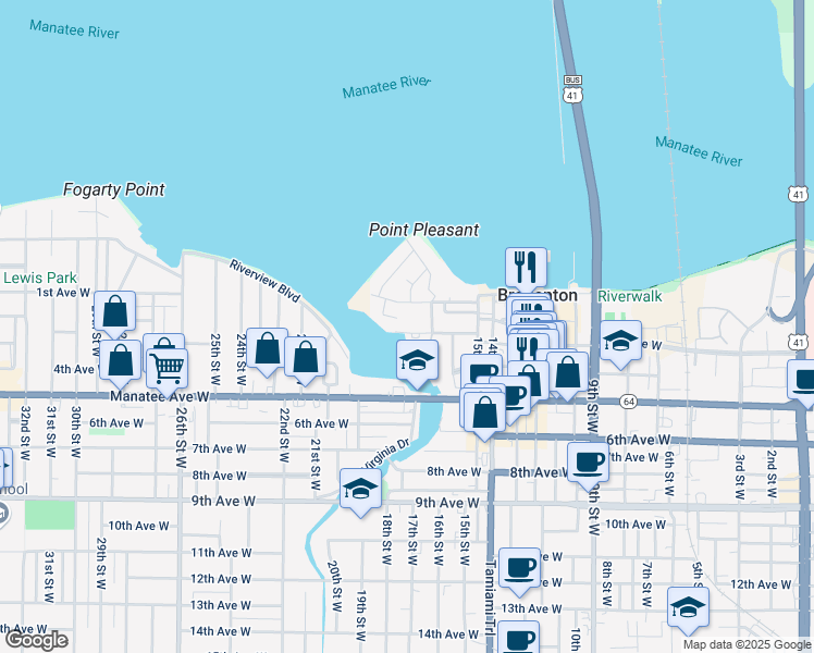 map of restaurants, bars, coffee shops, grocery stores, and more near 1700 3rd Avenue West in Bradenton