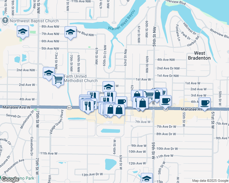 map of restaurants, bars, coffee shops, grocery stores, and more near 6408 3rd Avenue West in Bradenton