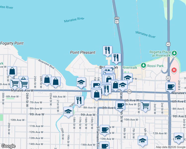 map of restaurants, bars, coffee shops, grocery stores, and more near 1520 3rd Avenue West in Bradenton