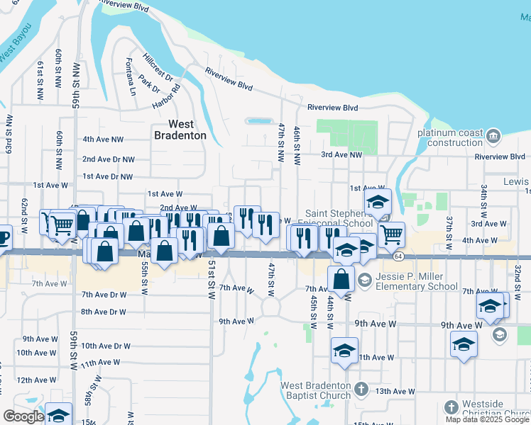 map of restaurants, bars, coffee shops, grocery stores, and more near 208 48th Street West in Bradenton