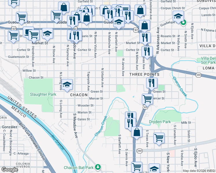 map of restaurants, bars, coffee shops, grocery stores, and more near 2019 Piedra China Street in Laredo