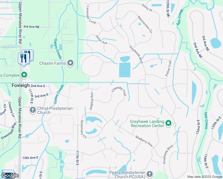 map of restaurants, bars, coffee shops, grocery stores, and more near 367 Chantilly Trail in Bradenton
