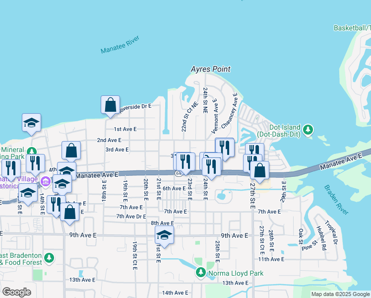 map of restaurants, bars, coffee shops, grocery stores, and more near 216 23rd Street East in Bradenton