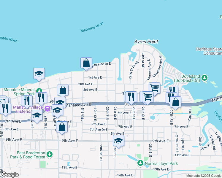 map of restaurants, bars, coffee shops, grocery stores, and more near 2007 3rd Avenue East in Bradenton