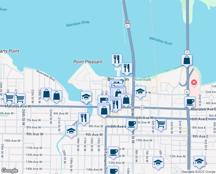 map of restaurants, bars, coffee shops, grocery stores, and more near 1325 2nd Avenue West in Bradenton
