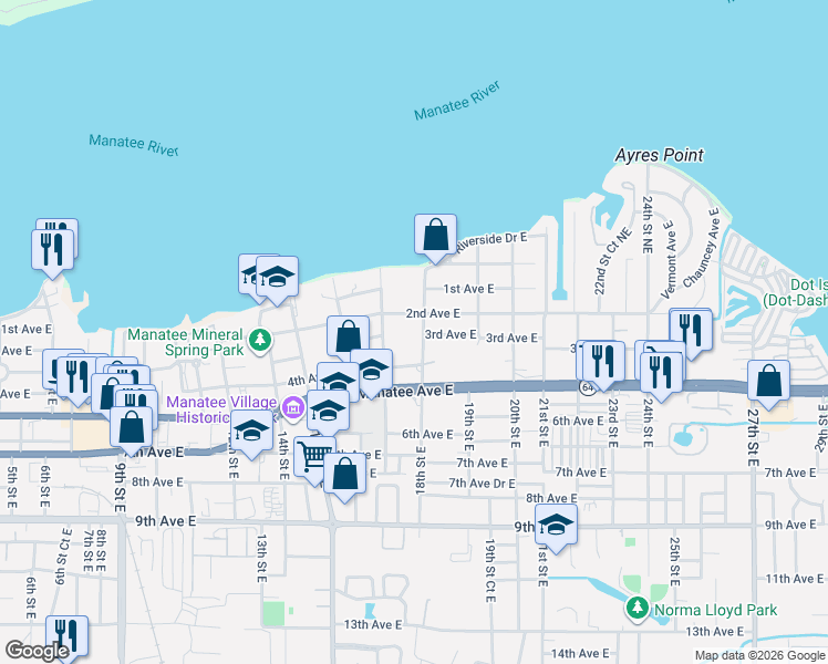 map of restaurants, bars, coffee shops, grocery stores, and more near 224 18th Street East in Bradenton