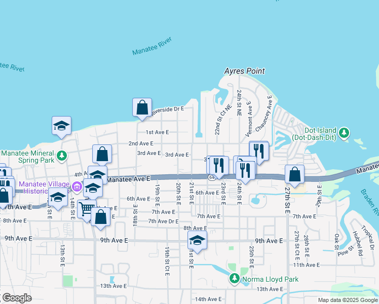 map of restaurants, bars, coffee shops, grocery stores, and more near 2007 3rd Avenue East in Bradenton