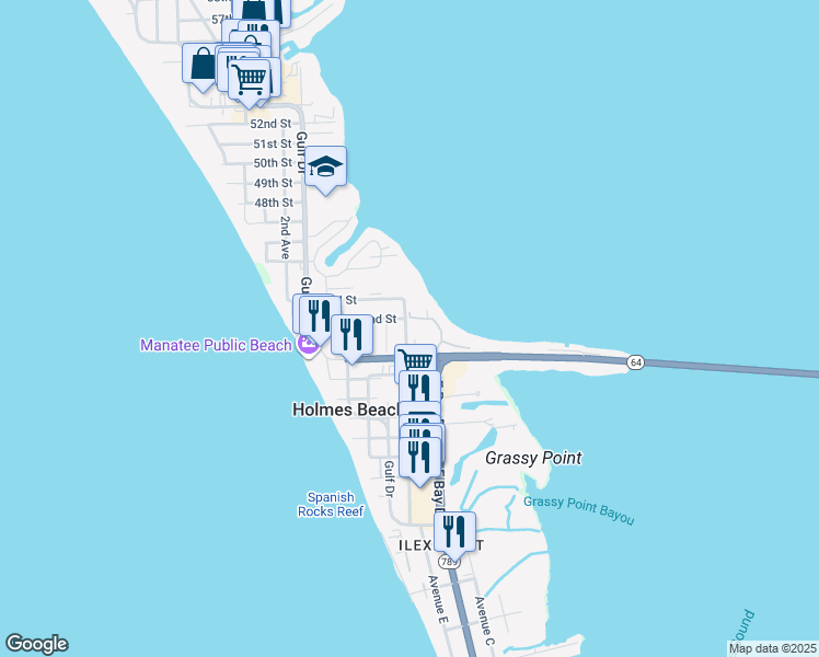map of restaurants, bars, coffee shops, grocery stores, and more near 4109 6th Avenue in Bradenton Beach