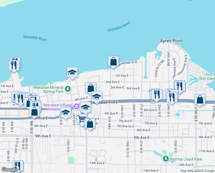 map of restaurants, bars, coffee shops, grocery stores, and more near 224 18th Street East in Bradenton