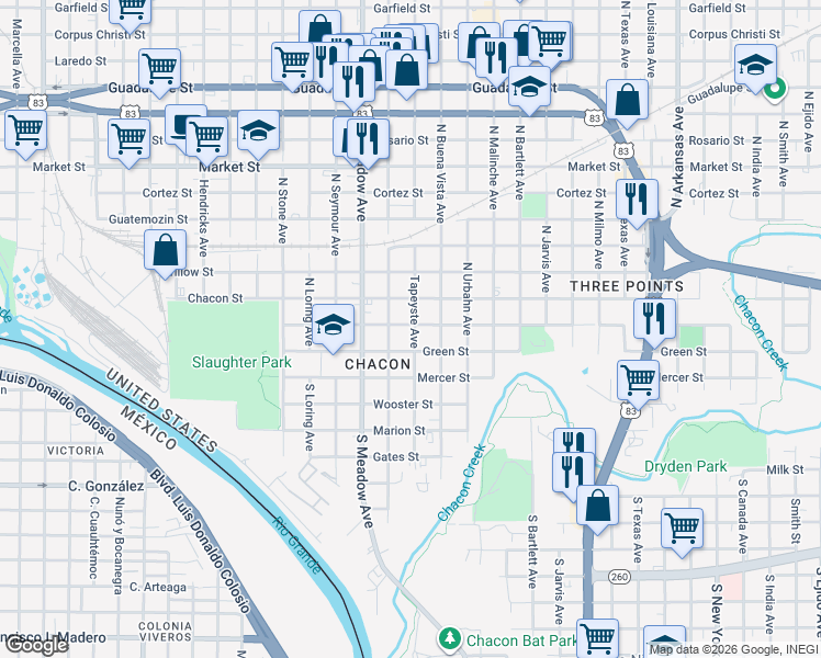map of restaurants, bars, coffee shops, grocery stores, and more near 1719 Piedra China Street in Laredo