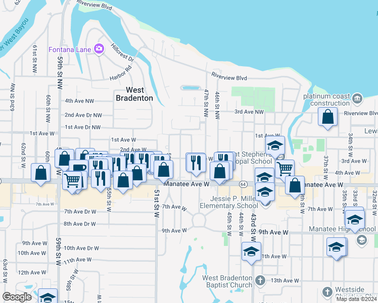map of restaurants, bars, coffee shops, grocery stores, and more near 208 48th Street West in Bradenton