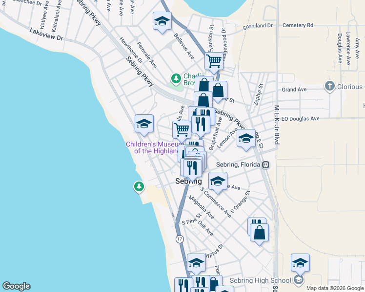 map of restaurants, bars, coffee shops, grocery stores, and more near 427 North Pine Street in Sebring