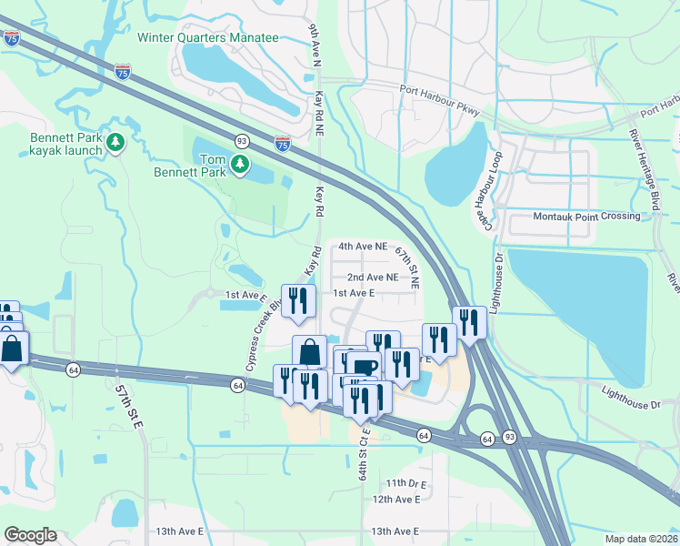 map of restaurants, bars, coffee shops, grocery stores, and more near 6408 2nd Avenue Northeast in Bradenton