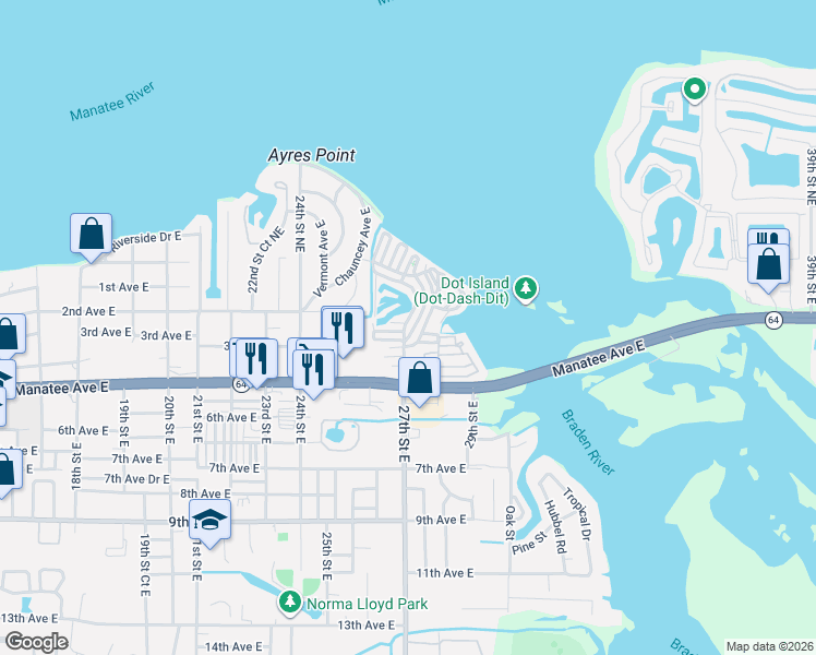 map of restaurants, bars, coffee shops, grocery stores, and more near 5 Braden Castle Drive in Bradenton