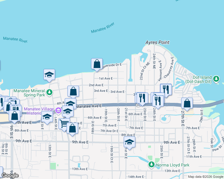 map of restaurants, bars, coffee shops, grocery stores, and more near 1911 3rd Avenue East in Bradenton