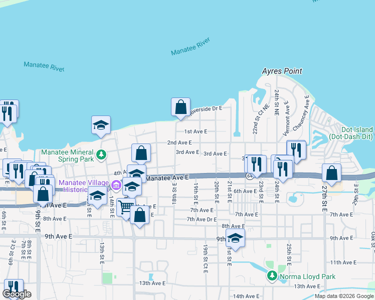 map of restaurants, bars, coffee shops, grocery stores, and more near 1820 3rd Avenue East in Bradenton