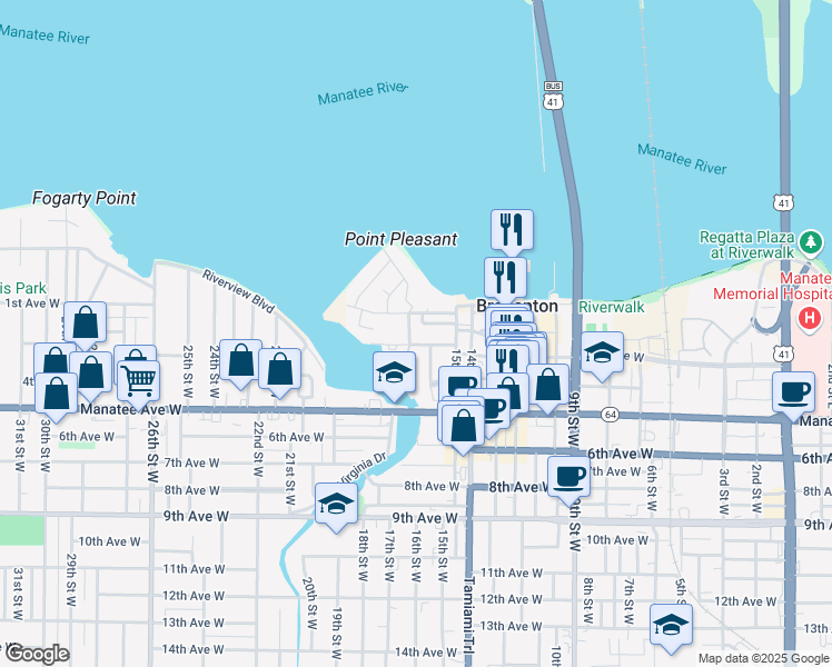 map of restaurants, bars, coffee shops, grocery stores, and more near 1700 3rd Avenue West in Bradenton