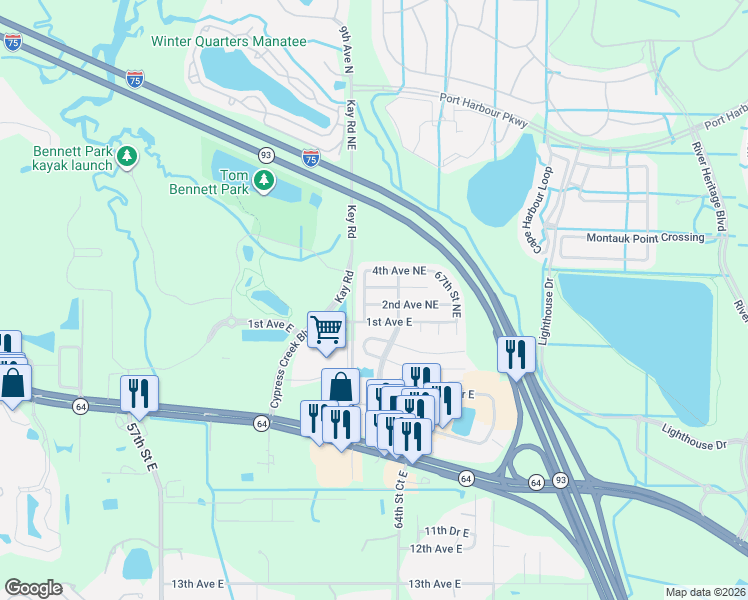 map of restaurants, bars, coffee shops, grocery stores, and more near 6408 2nd Avenue Northeast in Bradenton