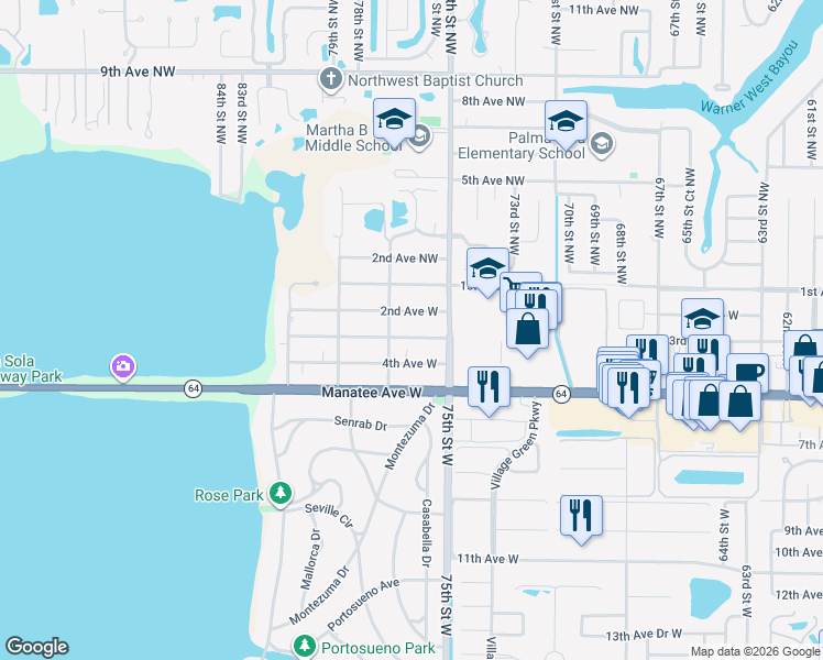 map of restaurants, bars, coffee shops, grocery stores, and more near 7608 3rd Avenue West in Bradenton
