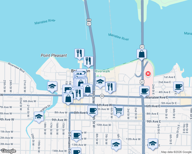 map of restaurants, bars, coffee shops, grocery stores, and more near 227 9th Street West in Bradenton