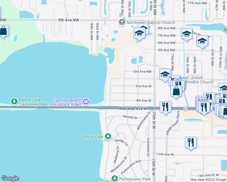 map of restaurants, bars, coffee shops, grocery stores, and more near 8012 3rd Avenue West in Bradenton